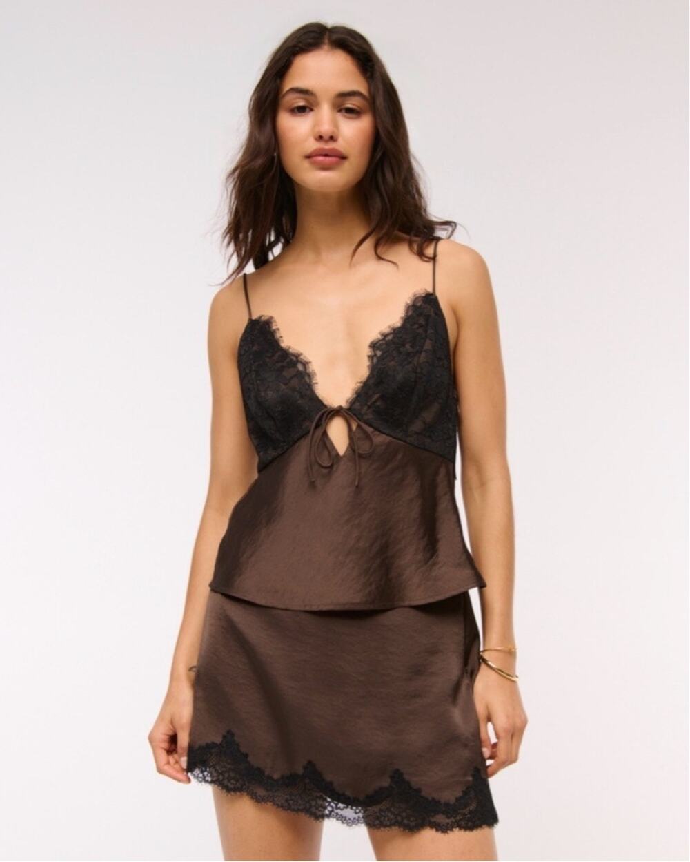 Abercrombie & Fitch Brown Satin Black Lace Trim Slip Mini Skirt Size Medium